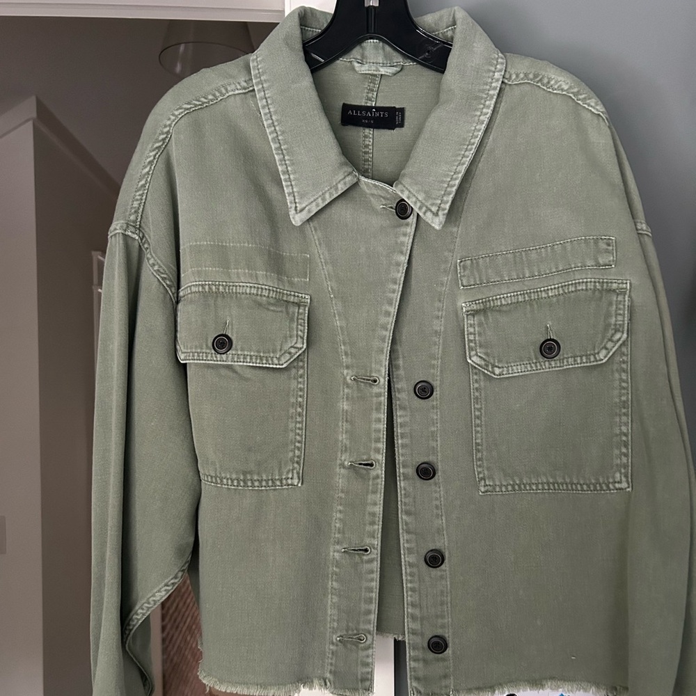 All Saints Morten Shirt Denim Jacket in Khaki Green XS/S